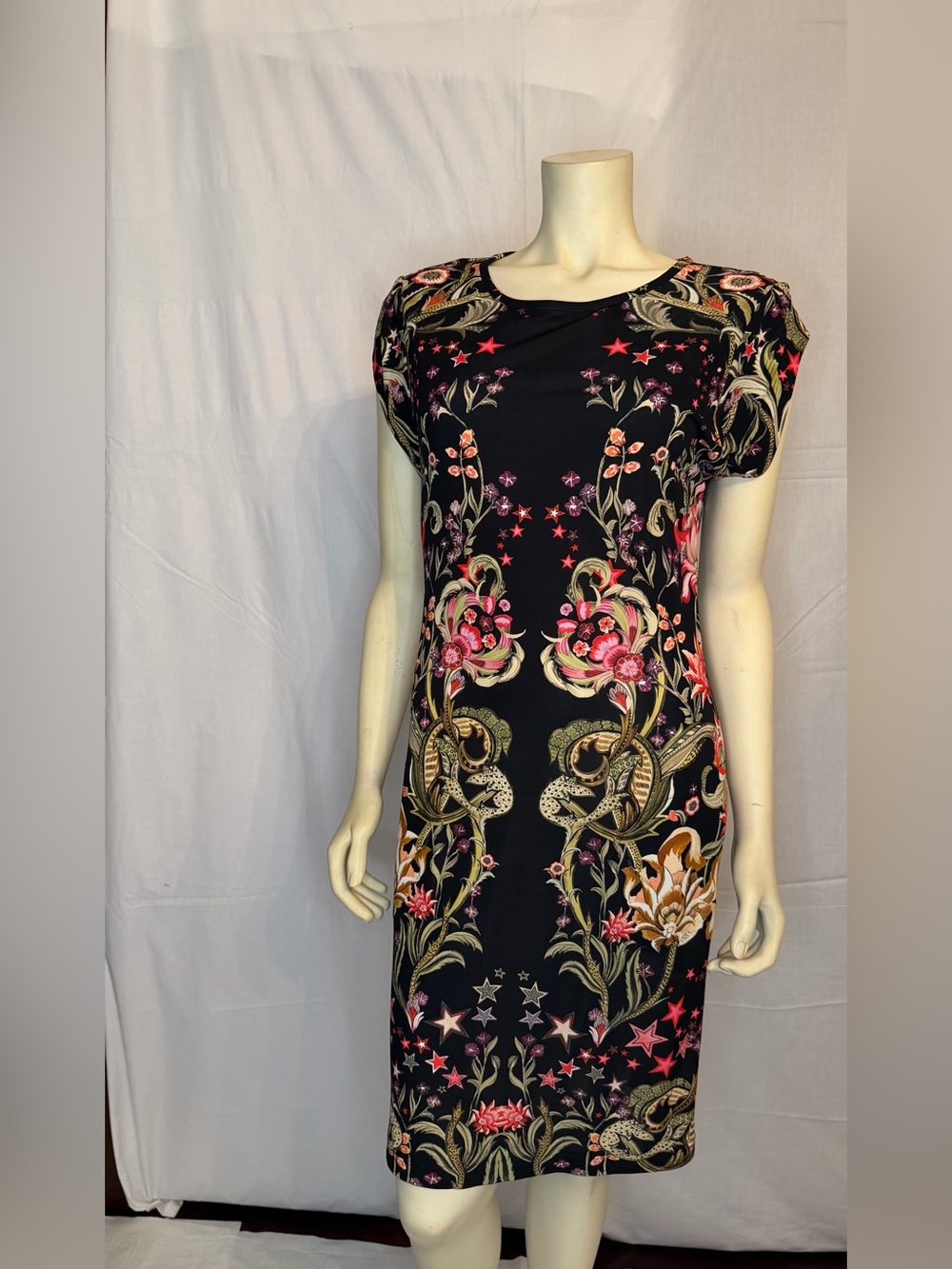 Roberto Cavalli Black Maxi Dress with Pink & Gold Floral Print